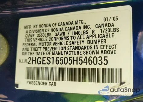 2005 Honda Civic Lx z USA, uszkodzony, nr VIN 2HGES16505H546035